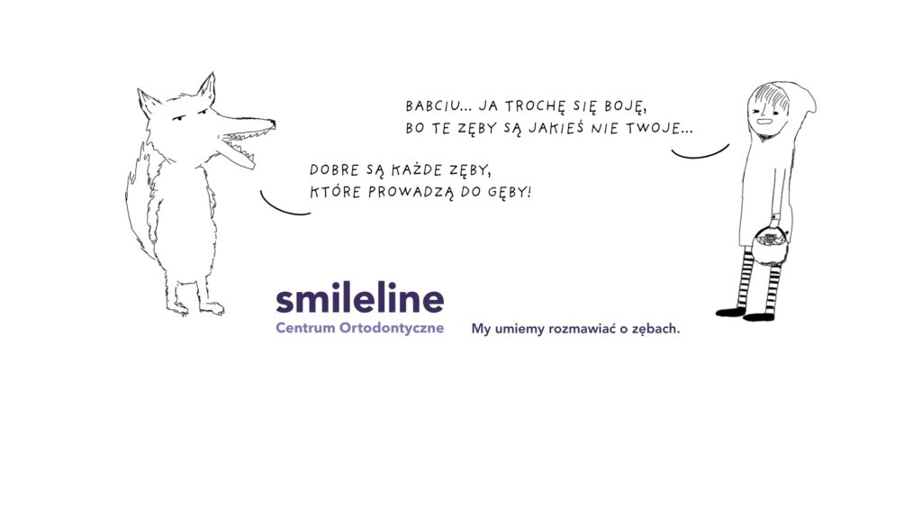 Czerwony Kapturek rozmawia z wilkiem o zębach, czarno biała grafika