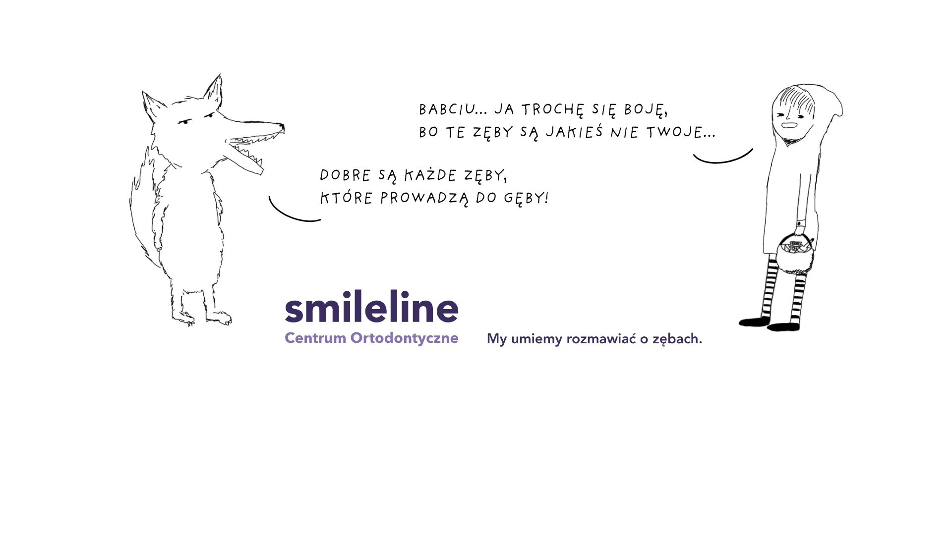 Czerwony Kapturek rozmawia z wilkiem o zębach, czarno biała grafika