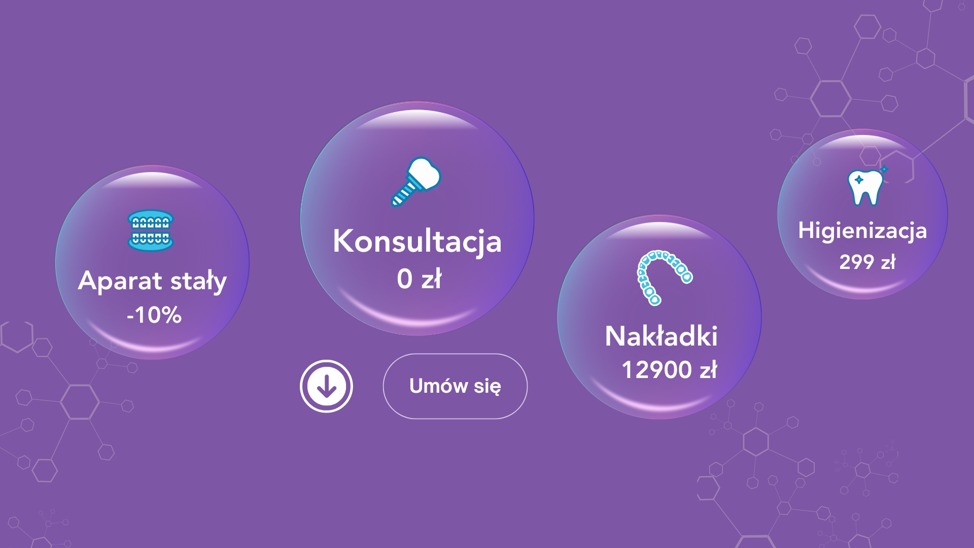 Grafika, w fioletowych banieczkach napisy informujące o cenie usług ortodontycznych